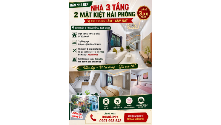 nhà 3 tầng 2 mặt kiệt hải phòng trung tâm gần ga sân bay aeon mall